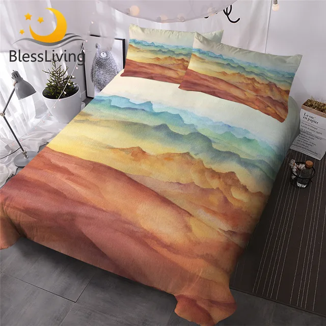 BlessLiving Watercolor Duvet Cover Landscape Home Textiles Modern Urban Bedding Set Sunset Yellow Mountain Bedclothes 3 Pieces 1