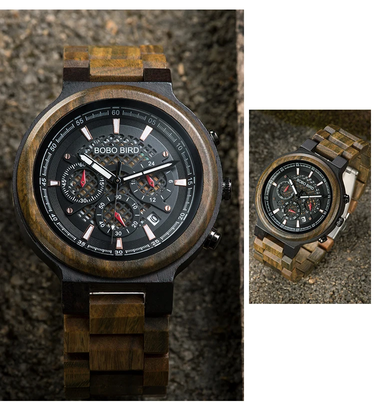 BOBO BIRD Men Wood Quartz Wristwatch Retro Green Sandalwood Timepiece Multifunctional Chronograph Accept Customized reloj hombre
