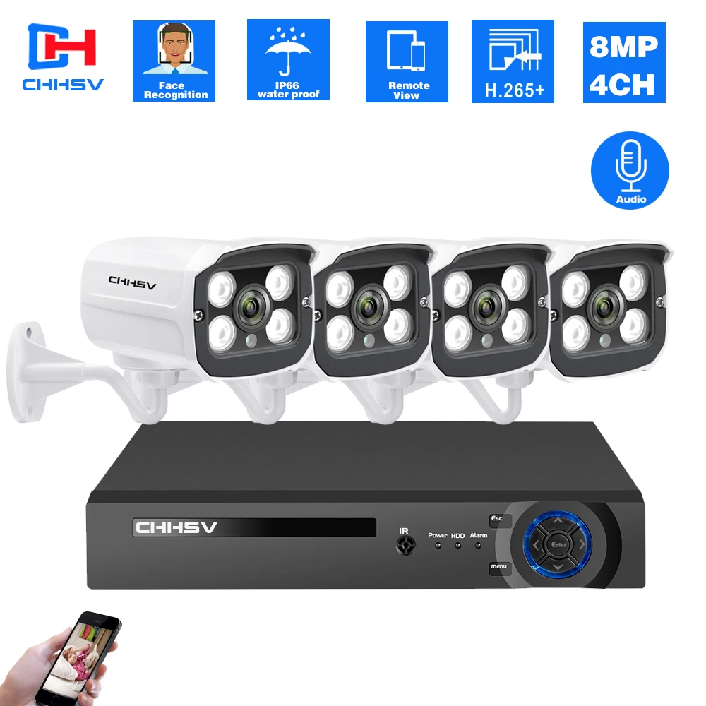 

Система видеонаблюдения H.265 + 4 канала 4K POE, комплект из 4 IP-камер 8 МП Ultra HD для улицы, водонепроницаемый сетевой видеорегистратор для дома