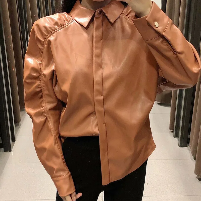 

Winter New Women European And American Style All-Match Female Drop-Shoulder Sleeve Imitation Leather Shirt