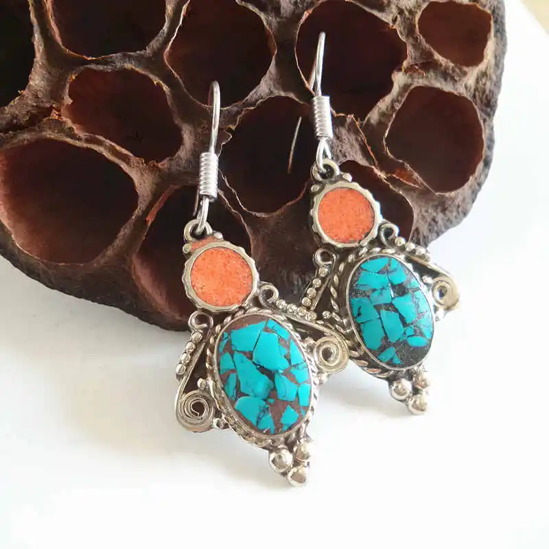 Индийские винтажные красочные серьги ручной работы из непальской меди с