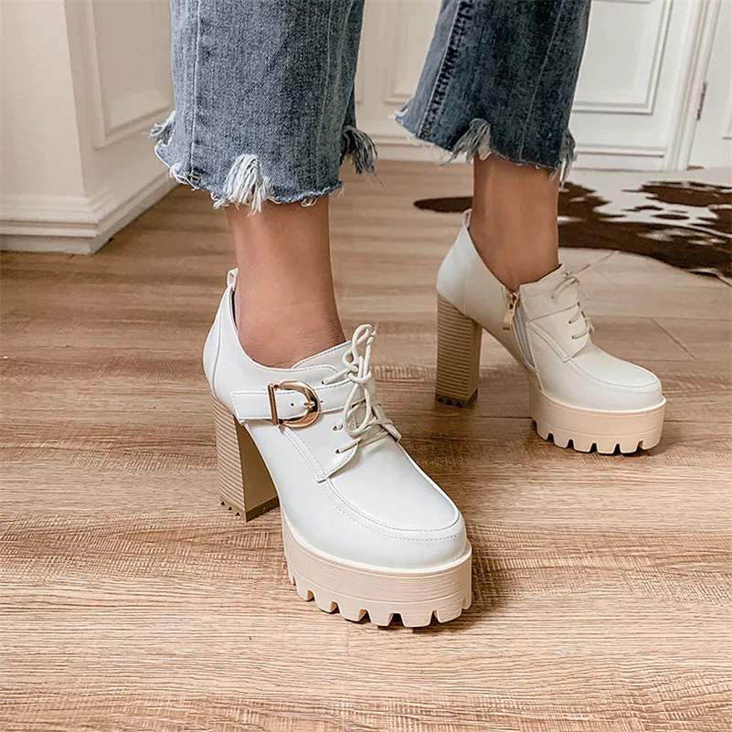 

Meotina High Heels Women Pumps Buckle Platform Square High Heels Shoes Fashion Zipper Round Toe Shoes Lady Spring Big Size 33-42