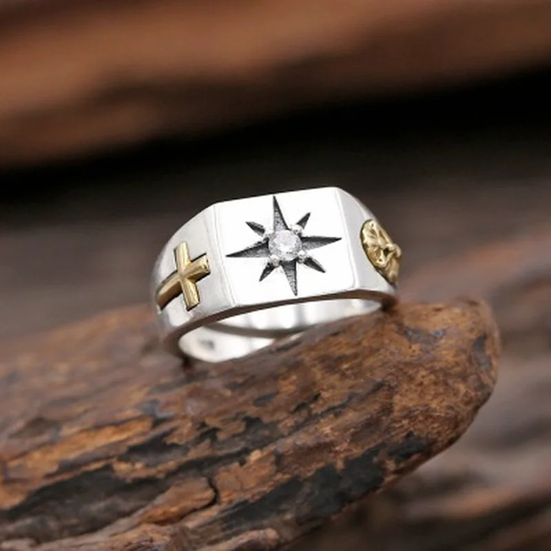Мужское регулируемое кольцо из тайского серебра 925 пробы с крестом