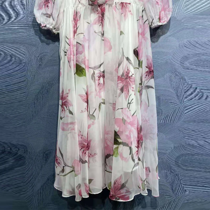 

SEQINYY Chiffon Dress Fashion Design New Summer Spring Women Runway Holiday Pink Lily Flowers Print White Elegant Midi
