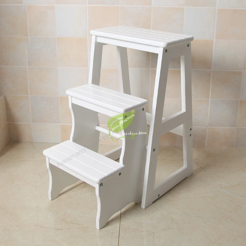 Iron Bar Chair Durable Household Multi Function Step Ladder Stool Foldable Solid Wood Three Indoor Climbing Wooden Modern Style |