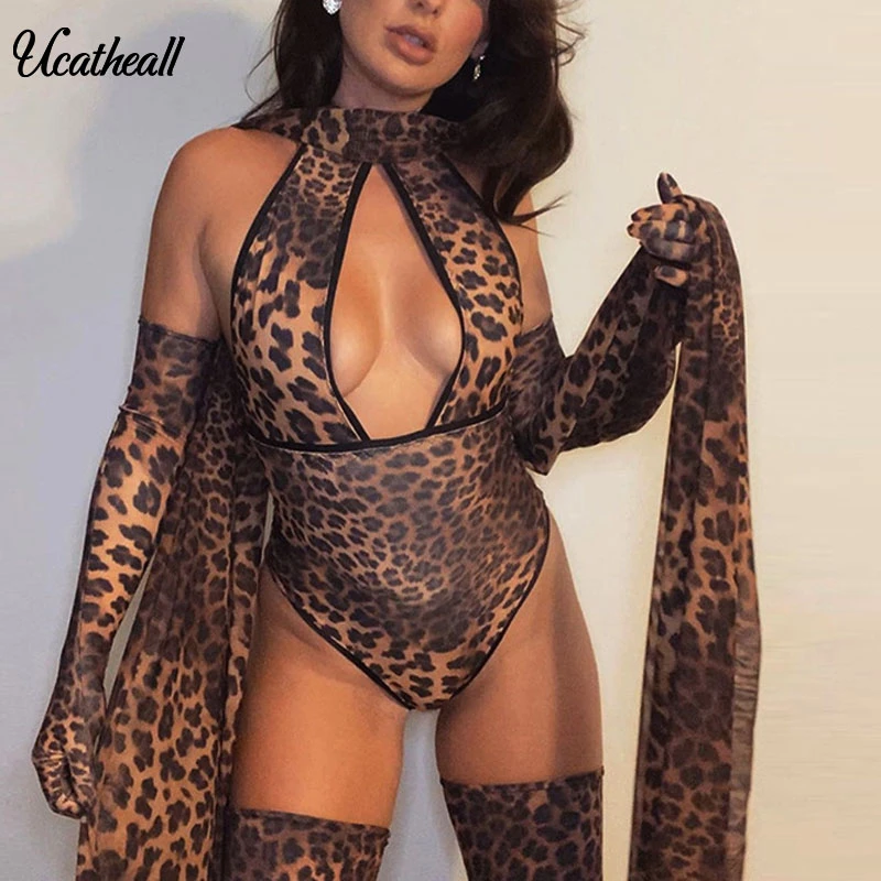 Сексуальные боди с леопардовым принтом Женский Топ лямкой на шее и вырезами