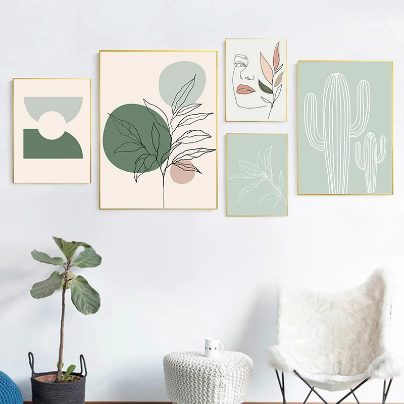 

Абстрактная девушка лицо кривая геометрическая форма лист кактус настенная живопись на холсте скандинавские постеры и принты картины для домашнего декора