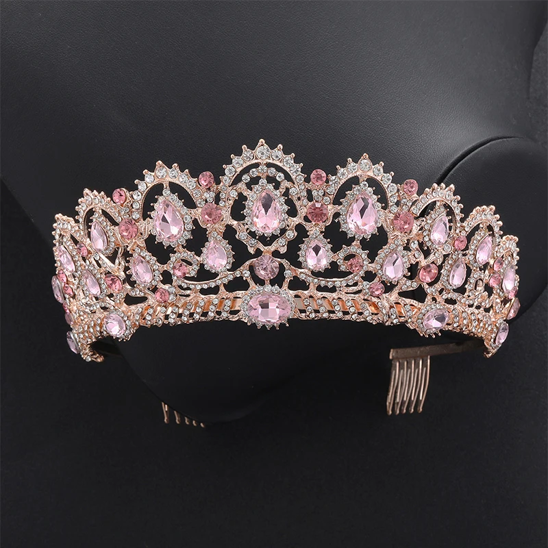 

Pink Crystal Bridal Tiara Headdress Golden Rhinestone Pageant Crown and Comb Baroque Wedding Hair Accessories
