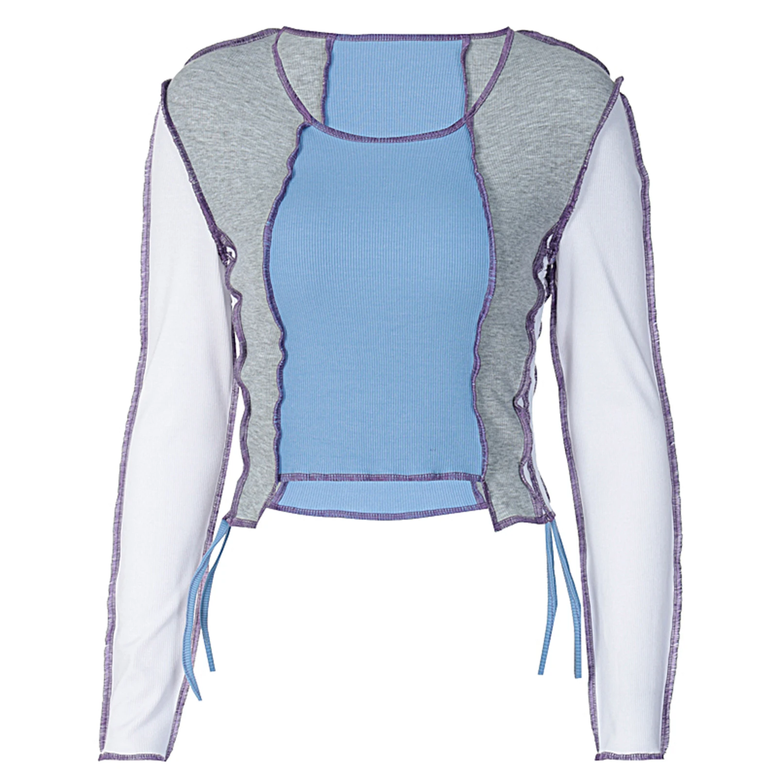 

Women's Patchwork Crop Top, Sexy Long Sleeve Color Block Drawstring Ruched Slim Fit Tee Shirt