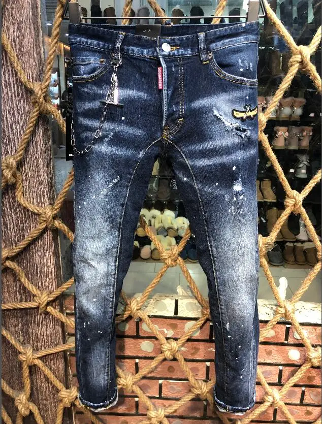 

Metal Chains Men Jeans Pencil Pants Motorcycle Party Casual Trousers Street Clothing 2021 Denim Man Clothing