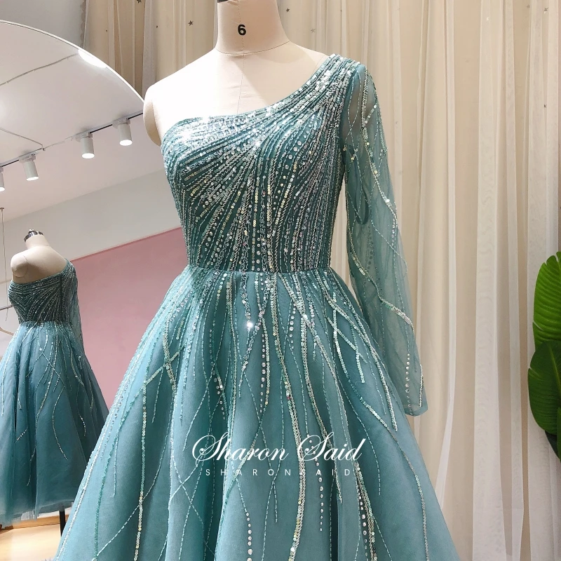 Мусульманское вечернее платье с длинным рукавом роскошное синее средней длины