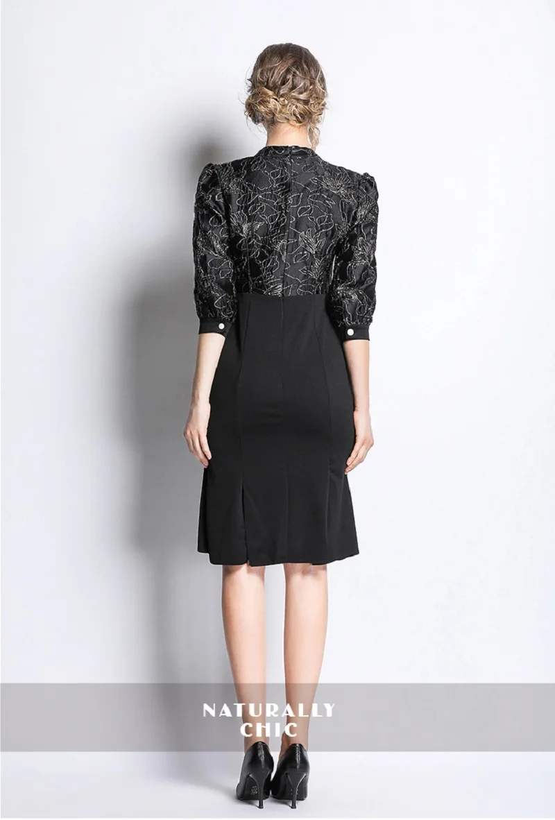 

Women Spring Designer Elegant Jacquard Dress Fashion Black Vintage Cocktail Party Robe Female Sexy Trumpet Dresses Vestidos