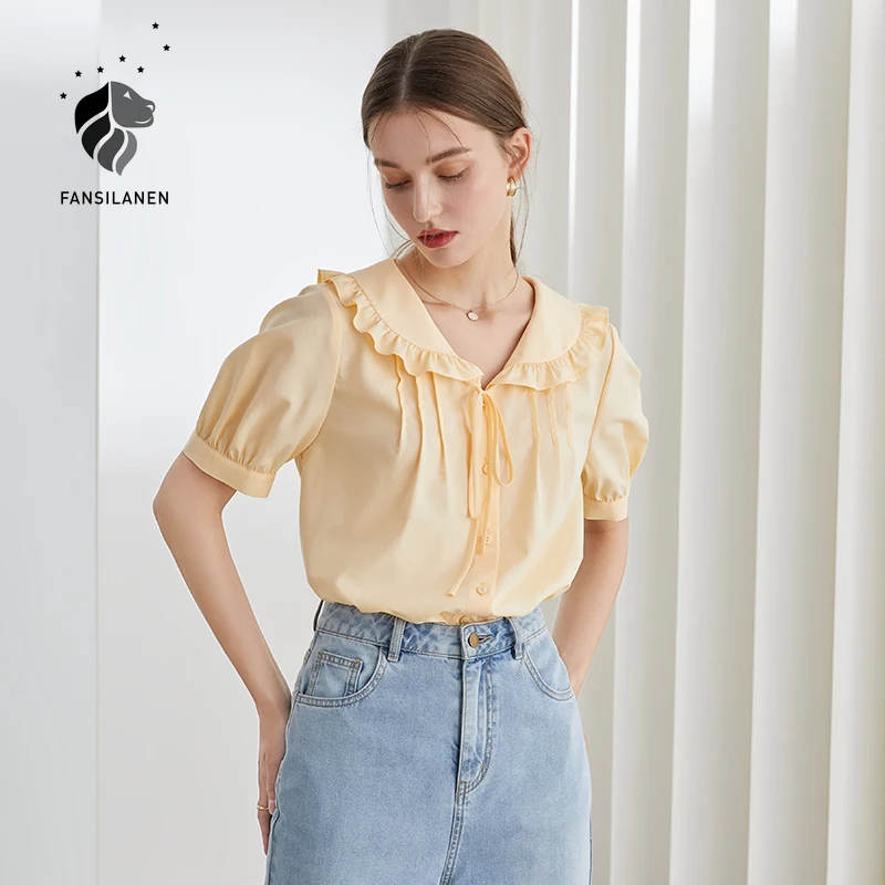 

FANSILANEN Office Lady Shirt Women's Short Sleeve Korean Lotus Leaf Collar Sweet Yellow Shirt Top Summer 2021 Women Clothes
