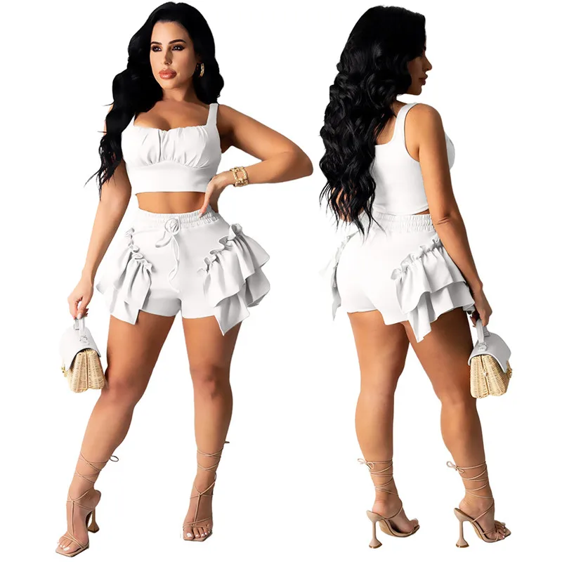 

Zoctuo Sexy Ruffle Skinny Short Set For Women Solid Square Neck Sleeveless Crop Top Two Piece Set Night Club Sexy Womens Sets