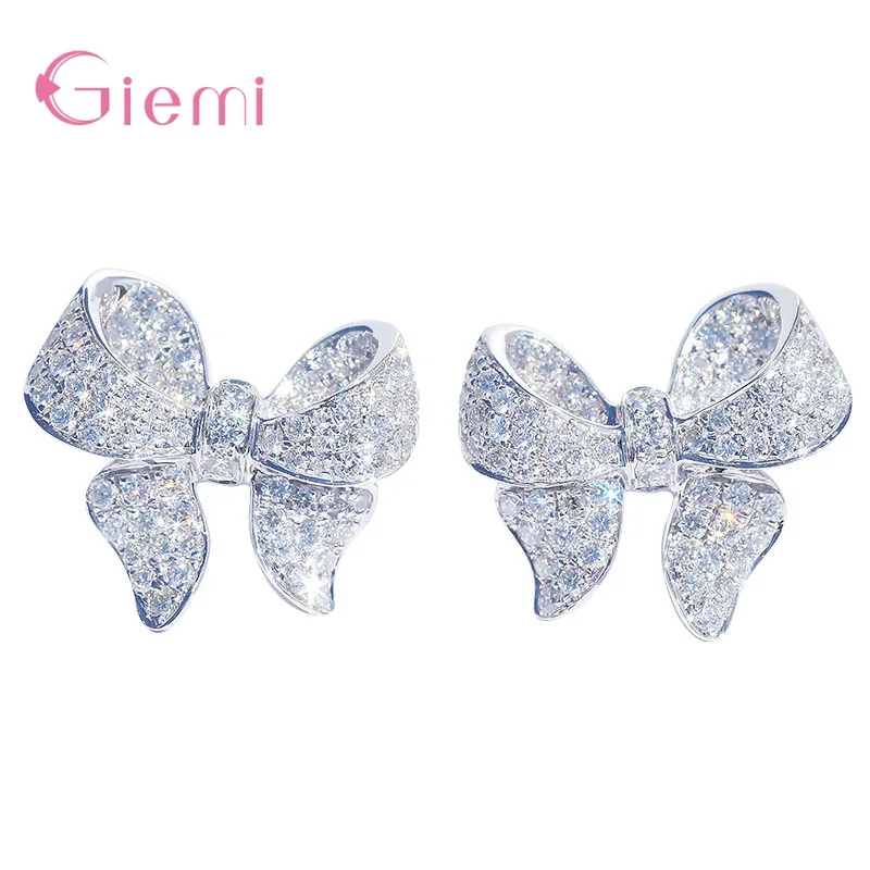 

Luxury 925 Sterling Silver Bow-knot Cubic Zirconia Crystal Stud Earrings For Women Wedding Jewelry Wedding Engagement