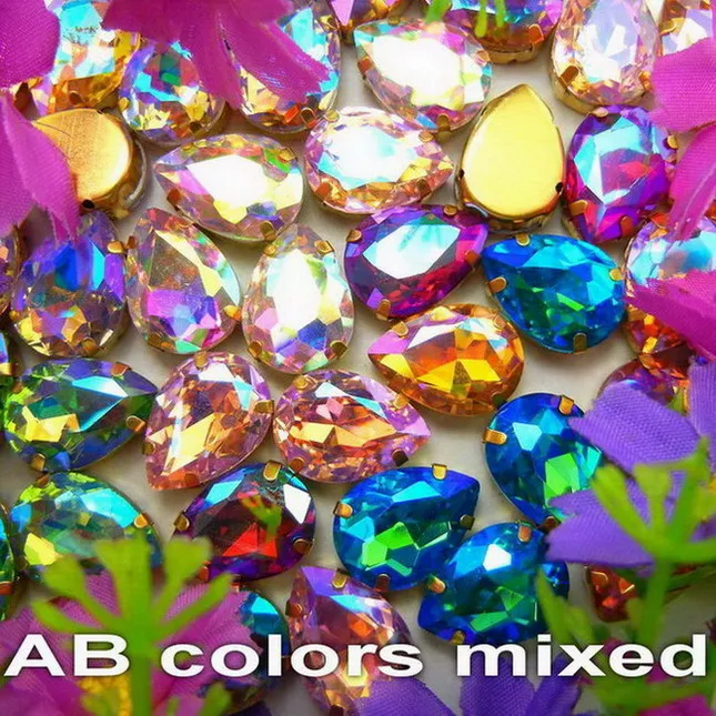 A27 AB colors mix Красочные стеклянные хрустальные золотые коготки 7 размеров цвета микс каплевидные капли воды капли пришивные стразы для одежды diy отделка - Цвет: A27 AB colors mix