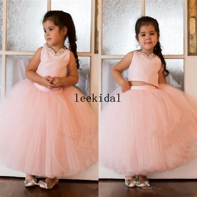 Blush Pink Two Pieces Flower Girls Dresses For Weddings Beaded Sequins Ball Gown Girls Pageant Dress Ankle Length Custom