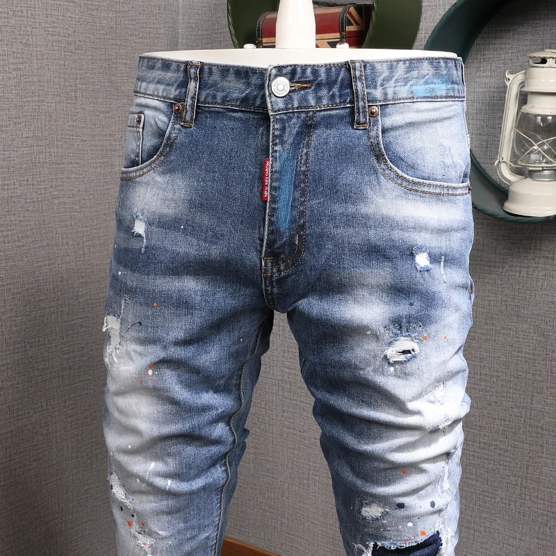 Mens Blue Ripped Patches Jeans Men Fashion Dots Printed Straight Slim Fit Pants Streetwear Cowboy Casual Denim Trousers