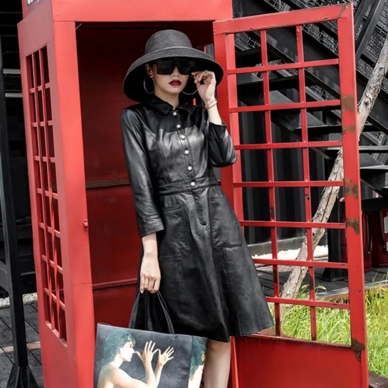 Женское длинное платье из натуральной кожи черное платье-трапеция с карманами и