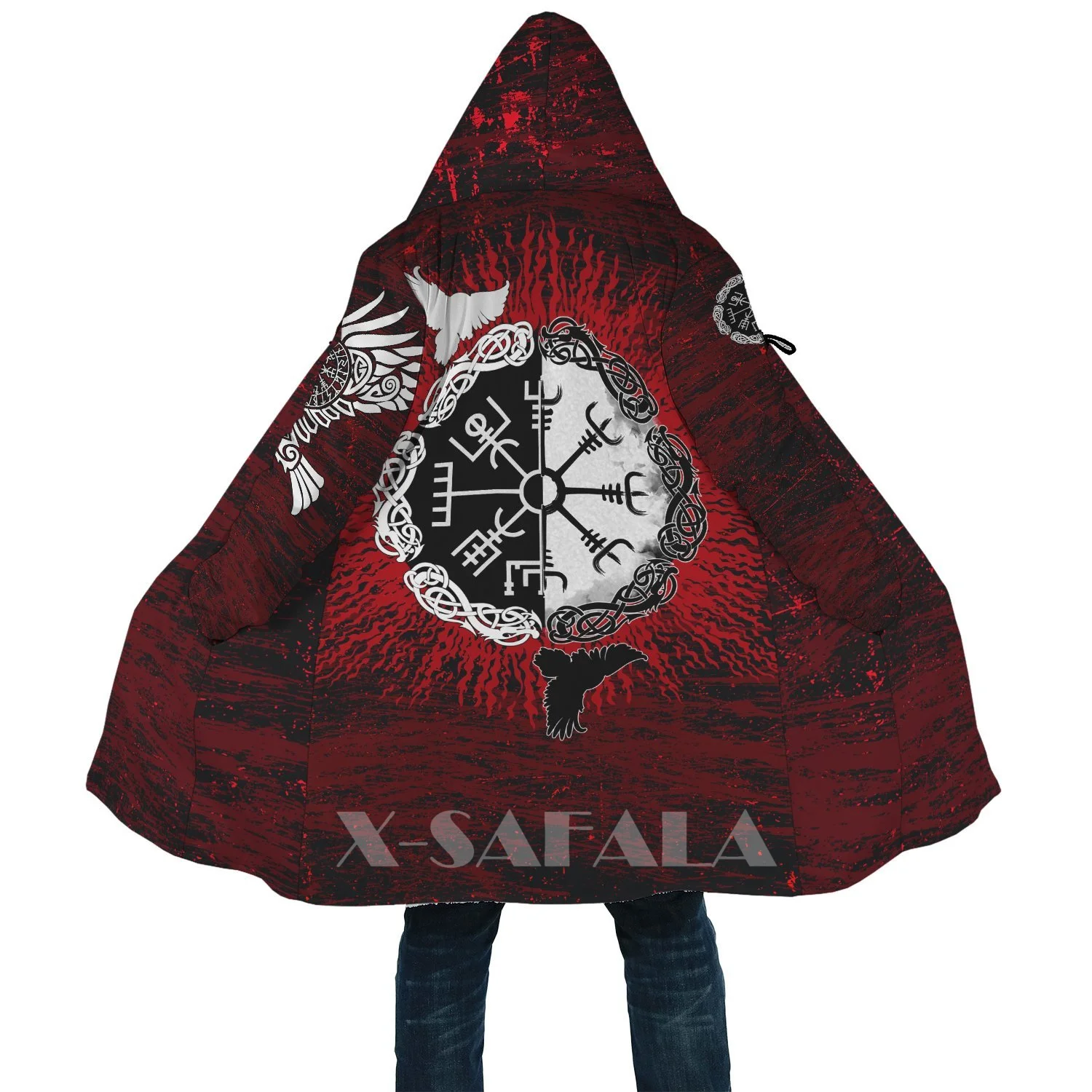 

Viking Style Raven of Odin Blood 3D Printed Duffle Coat Overcoat Thick Warm Hooded Cloak Coat for MenTopcoat Windproof