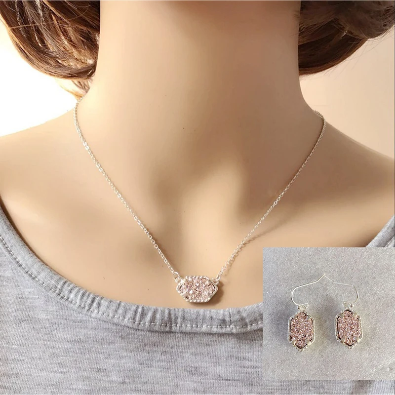 Маленький Druzy Drusy ожерелье серьги ювелирный набор с шестигранным воротником