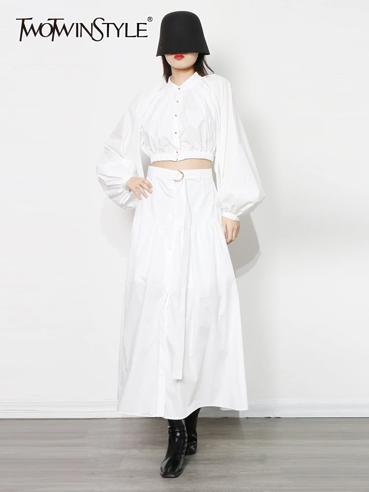 

TWOTWINSTYLE Slim Two Piece Set Womens Stand Collar Lantern Sleeve Tops High Waist Midi Skirts Female Sets Fashion Clothing New