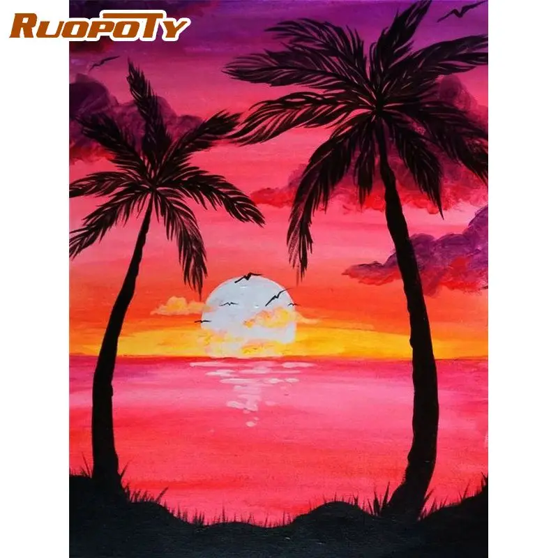 

RUOPOTY 60x75cm Frame DIY Paint By Number For Adults Sunset Beach Wall Art Picture By Numbers Acrylic Paint For Home Decors