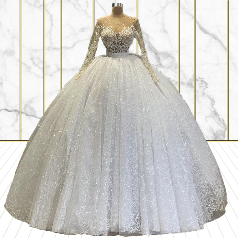 

2021 Long Sleeves Illusion Bodice Long Sleeves Ball Gown