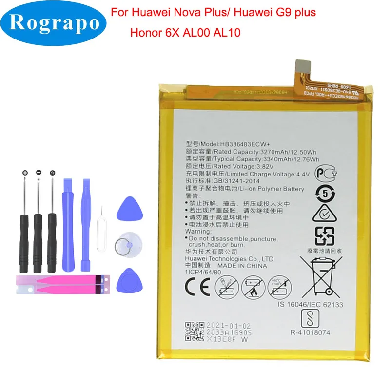 Batería de repuesto para Huawei Honor 6X G9 Plus, 3340mAh, HB386483ECW, batería Original para teléfono móvil Huawei Honor 6X G9 Plus Maimang 5