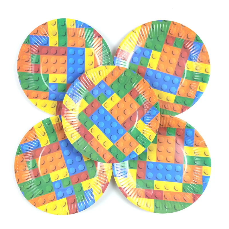 

10pcs/lot Building Blocks Theme Baby Shower Decoration Plates Kids Boys Favors Dishes Birthday Events Party Tableware Supplies