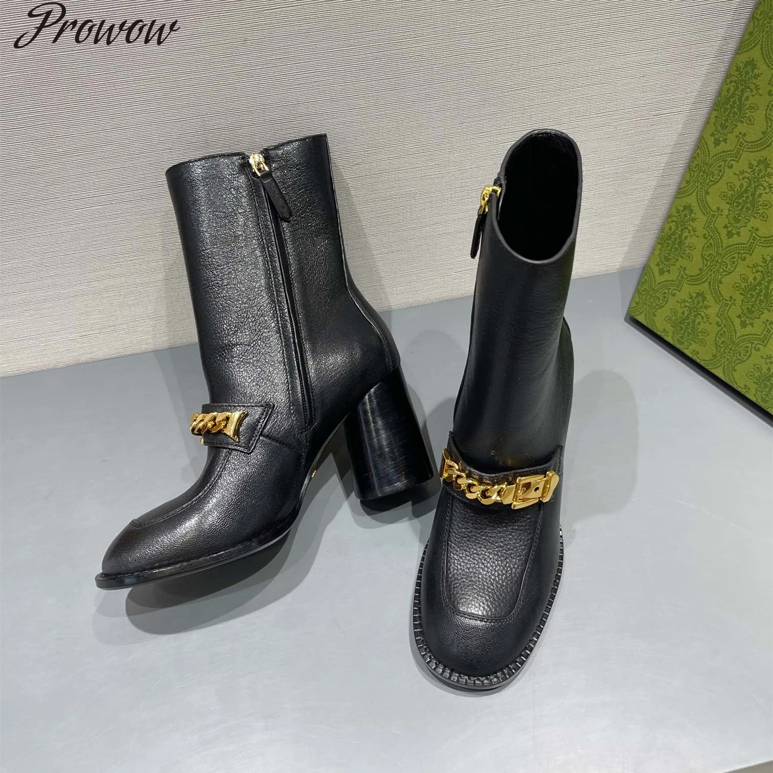 

Женские ботинки до середины икры Prowow, дизайнерские ботинки из натуральной кожи с круглым носком и металлическим украшением