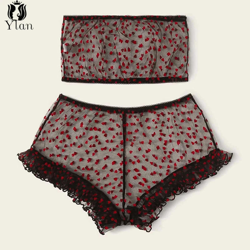 

New Two-piece Lingerie Set Women's Underwear Cute Red Heart Printing Bralette Set Sexy Underwear Gauze Transparent Underwear Set