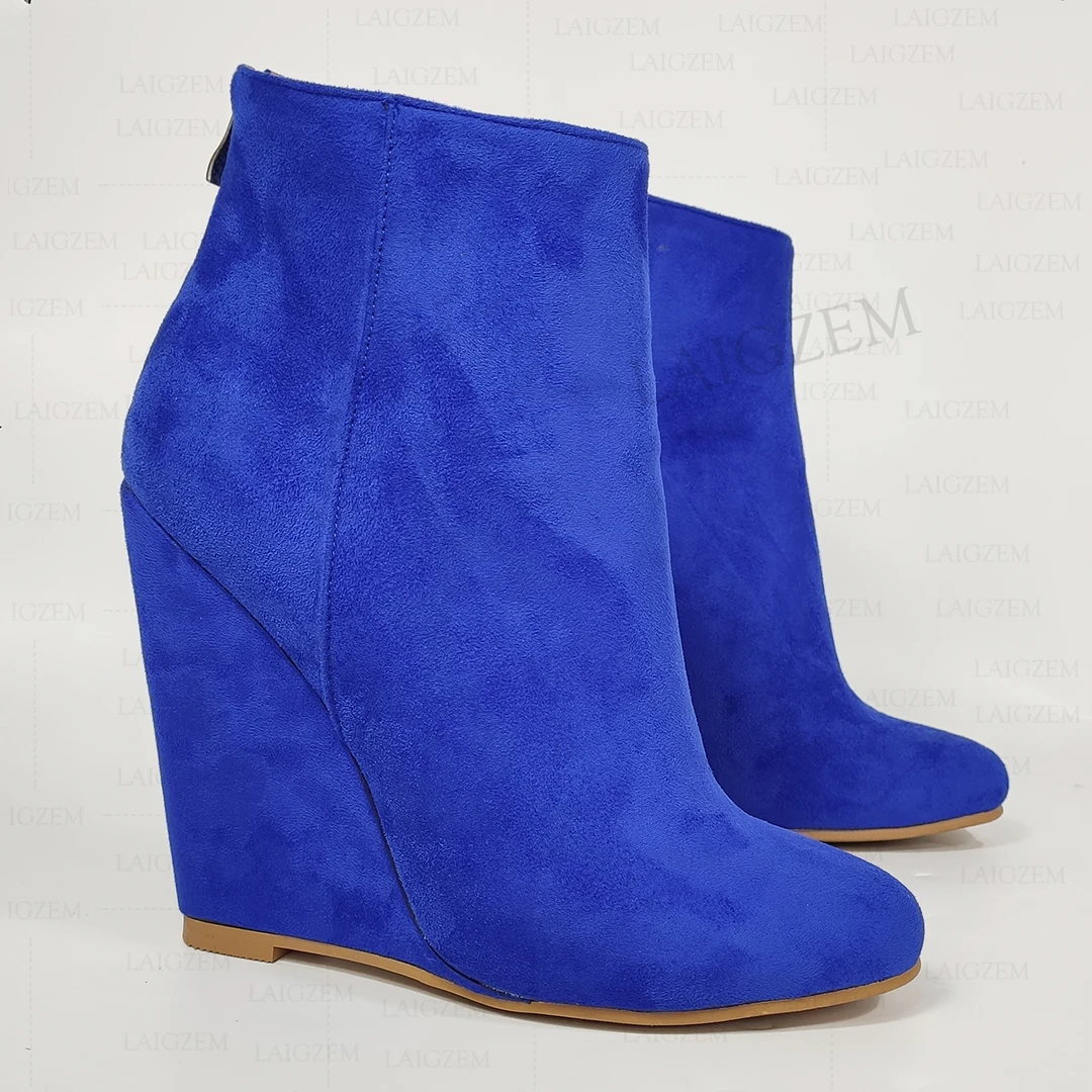 

SEIIHEM Women Ankle Wedges Boots Back Zip Faux Suede High Heels Short Booties Round Toe Ladies Shoes Woman Big Size 41 45 50 52