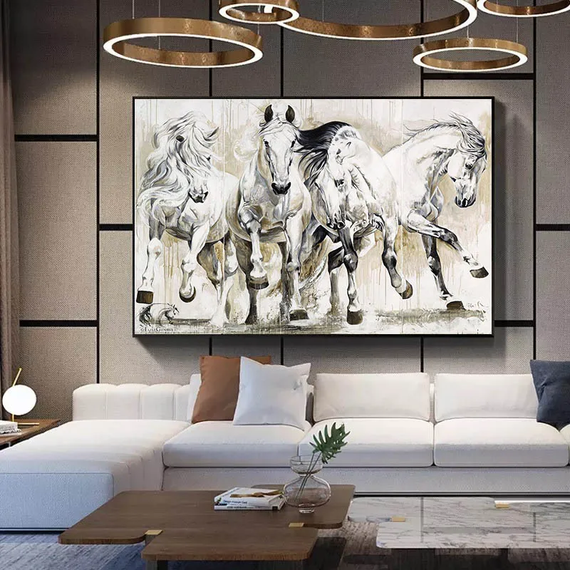 

European Style Mural 4 Running White Horses Animal Painting Art Canvas Frameless Poster Home Residence Bedroom Decoration Living