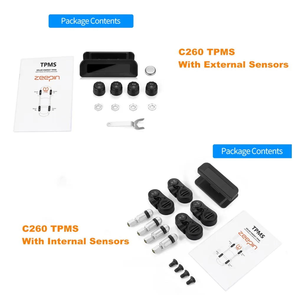 ZEEPIN C260 TPMS солнечная энергия жк-дисплей Система контроля давления в шинах с 4 внешними/внутренними датчиками давления в шинах