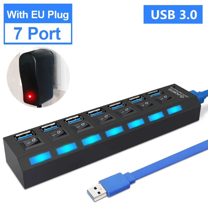Мульти usb-хаб 3,0 USB разветвитель USB 3,0 концентратор адаптер портативный type C Hab 4 7 портов с переключателем ВКЛ/ВЫКЛ для ПК Компьютерные аксессуары - Цвет: Black 7 Port with EU