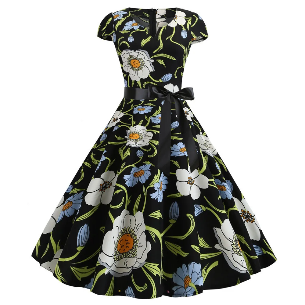 Vintage Dress 2019 Summer Floral Print Short Sleeves Dresses 50 S 60 Office Party Rockabilly Swing Retro Pinup Plus Size |