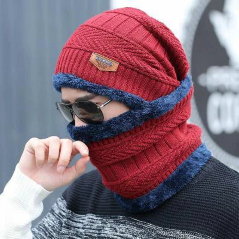

Coral Fleece Winter Hat Beanies Men's Hat Scarf Warm Breathable Cotton Blend Knitted Hat For Boys Letter Double Layers Cap Gorro