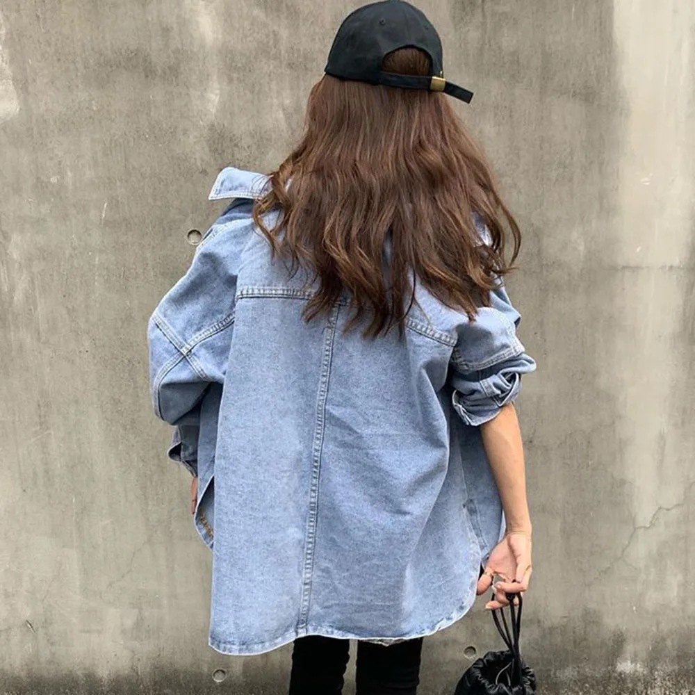 

Spring Autumn 2020 Women Denim Jacket Thin BF Style Lapel Pockets Long Sleeve Single-Breasted Casual Loose Girls Coats