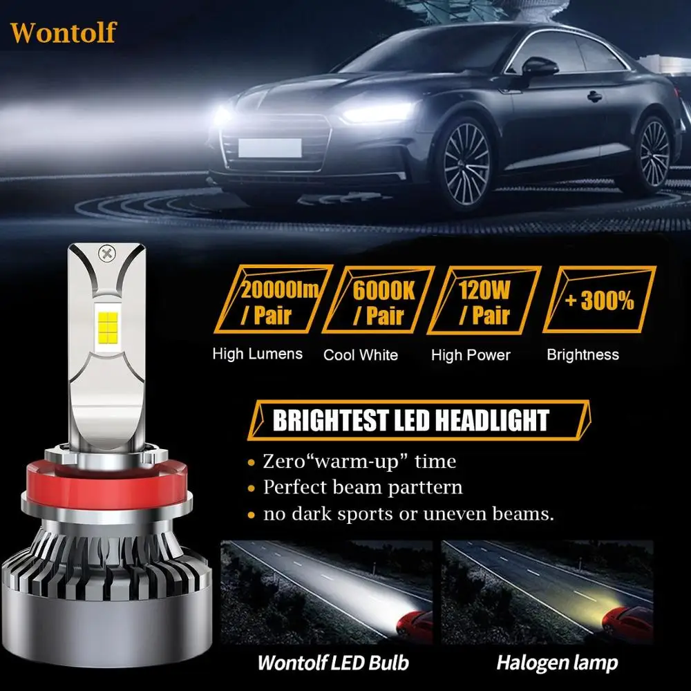 Wontolf H11 светодиодный головной светильник лампочка H7 H4 туман 120W 20000LM высокое