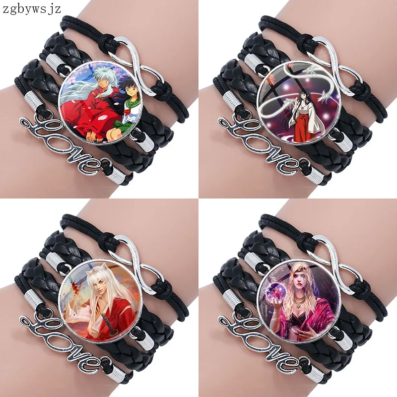 Аниме Inuyasha Многослойный черный кожаный браслет женский браслет бижутерия со стеклянными кабошонами подарок
