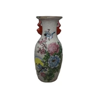 chinese old porcelain crack glazedpeony and bird painting bilateral ears vase