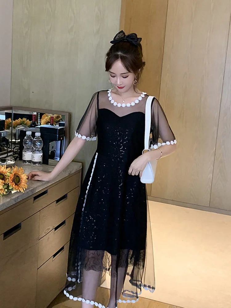 

Women Fashion Summer Lace Gauze Dress Large Size Loose Fit Lady Girl Elegant Temperament Fairy Skirt Accentuate Body Figure