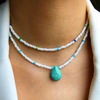 bohemian turquoise pendant choker necklace for women beaded charm necklaces geometric female fashion jewelry am3178
