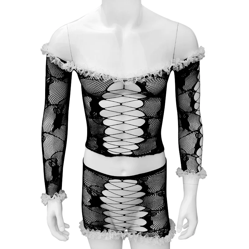 

Ruffles Lace Sissy Mens Bodystocking Underwear Sexy Lingerie Bodydoll Mesh Hollow Out Skirts Bodysuit Crossdressers Sleepwear