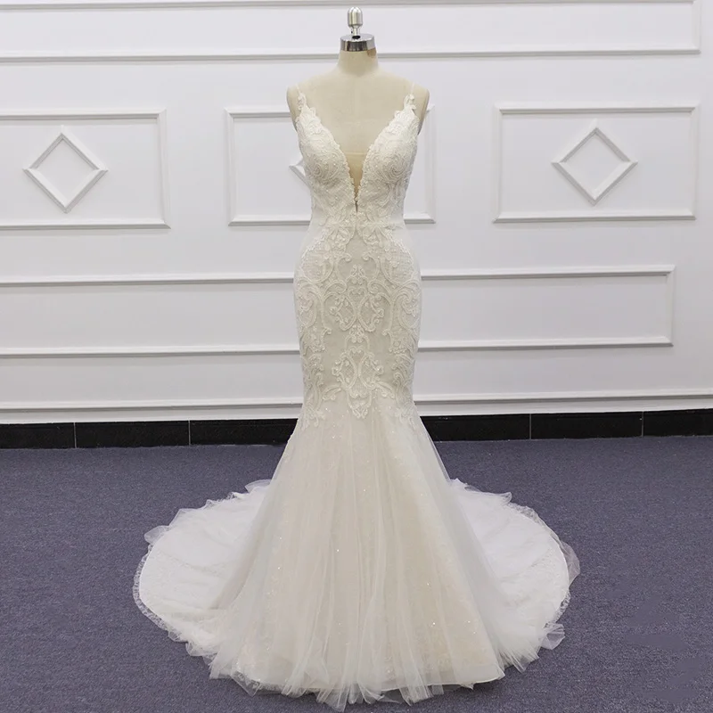 

Eslieb Vestido Де Новия свадебных торжеств платье v-образный вырез отсутствует в стиле “Русалка”-Длина без рукавов с жемчужиными вышивками, со шл...