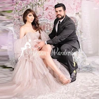 newest bridal long pleated tulle maternity robes for women photo shoot front open sweetheart off shoulder sheer tulle dresses