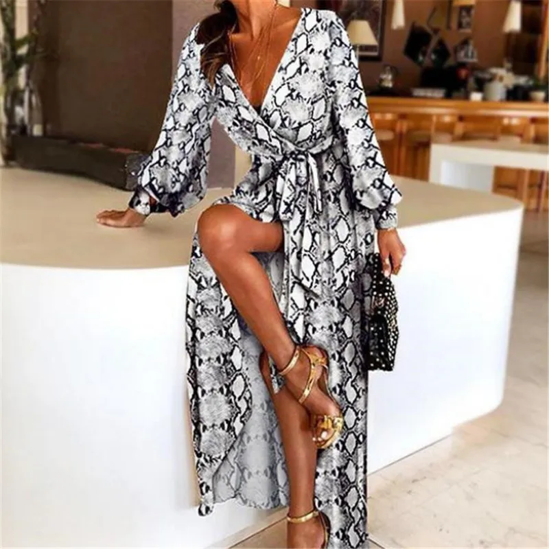 

New Fashion Womens Sexy V-Neck Leopard Printed Long Sleeve Dresses Ladies Summer Snake Skin Print Party A-Line Sexy Split Dress