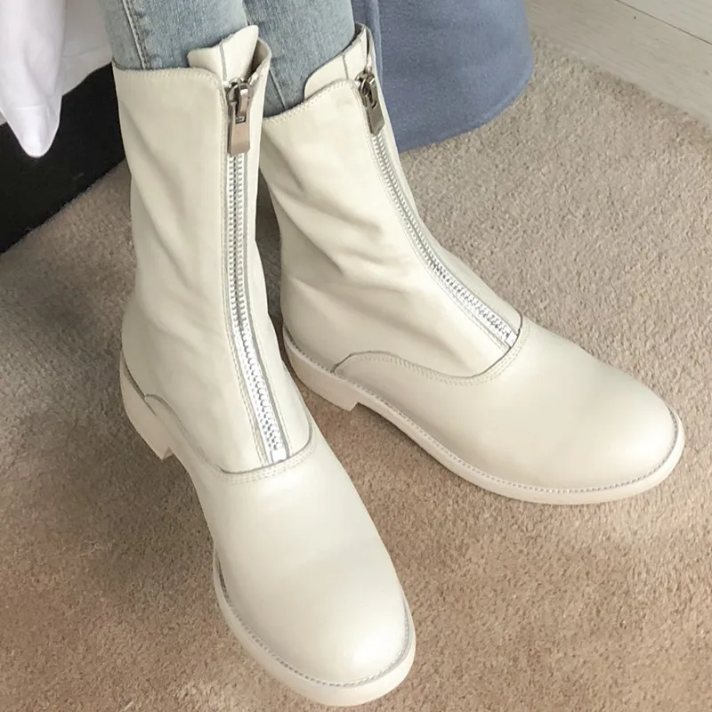 

Genuine Leather Women Casual Short Boots Round Toe Front Zipper Fashion Black White Soft Leather Platform Ankle Shoes Booties