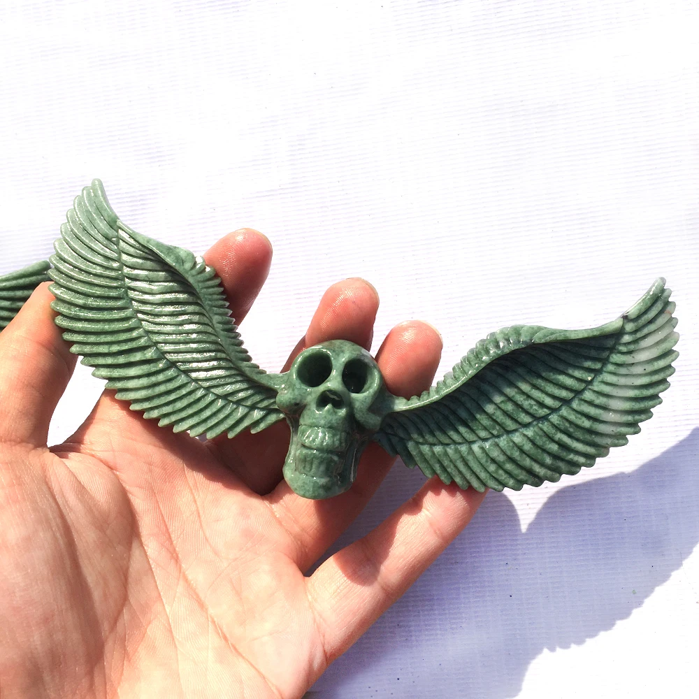 

Pretty! Natural Hand Carved LuShan Green Jade Skull Wing Figurine Office Desktop Ornament Crafts Healing Crystal Home Decoration